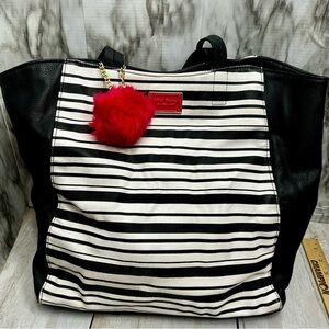 Betsey Johnson Black and White Striped Tote Bag Hot Pink Pom Y2K Travel Classic